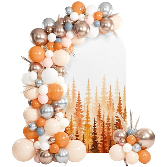 Orange Forest Fall Arch Backdrop Cover 6Ft, Wedding Arch Covers Stretchy Backdrop, Orange Ombre Trees Watercolor Pine-Trees Fitted 2 Sided Arched Photo Background for Birthday Party Decorations