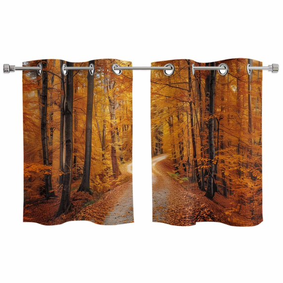 Orange Forest Kitchen Curtains Small Short 39 Inch Length, Fall Tree Botanical Maple Leaf Grommet Top Bedroom Living Room Curtains, Light Filtering Cafe Curtain Drapes 2 Panels Set 55''x39''