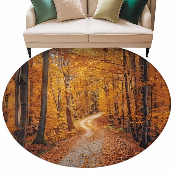 Orange Forest Large Area Rugs for Bedroom Living Room, Soft Non Slip Carpet Bedside Rug, Fall Tree Botanical Maple Leaf Round Floor Cover Kitchen Accent Rug 5' for Dining Room/Office