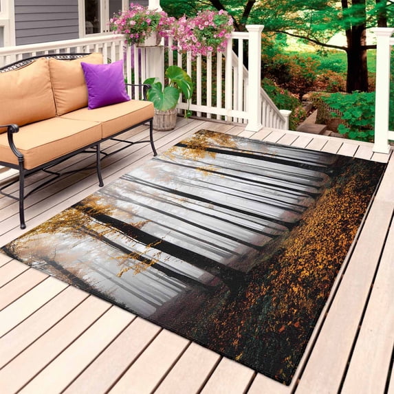 Orange Forest Outdoor Rug for Patio/Deck/Porch, Non-Slip Large Area Rug 6 x 9 Ft, Vintage Foggy Woods Tree Mysterious Indoor Outdoor Rugs Washable Area Rugs, Reversible Camping Rug Carpet Runner