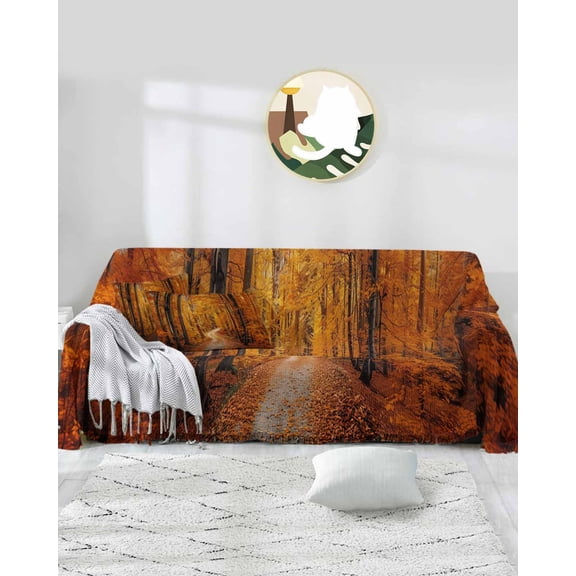 Orange Forest Path Sofa Covers for 3 Cushion,Washable Couch Cover for Sectional Sofa Slipcovers with Tassel,Autumn Fall Nature Tree Landscape Loveseat Covers Futon Cover Throw Blanket 71''x118''