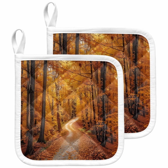 Orange Forest Pot Holders for Kitchen Heatproof Potholder, 2 Pack Fall Tree Botanical Maple Leaf Hot Pads Multipurpose Oven Pads Cloth Potholders Trivet for Cooking and Baking