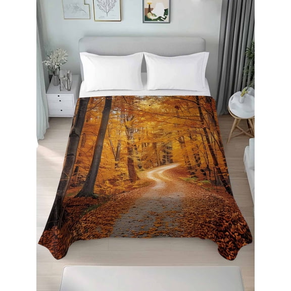 Orange Forest Queen Size Flat Sheet, Wrinkleproof & Fadeproof Cooling Flat Bed Sheet Only, Fall Tree Botanical Maple Leaf Breathable Soft Bedding Top Sheets 90 x 102 Inches