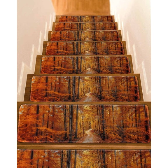 Orange Forest Stair Treads for Wooden Steps Indoor Runner Rug Carpet, Fall Tree Botanical Maple Leaf 4 Pieces Peel and Stick Staircase Step Treads Covers Washable Throw Door Mats, 30"x8"