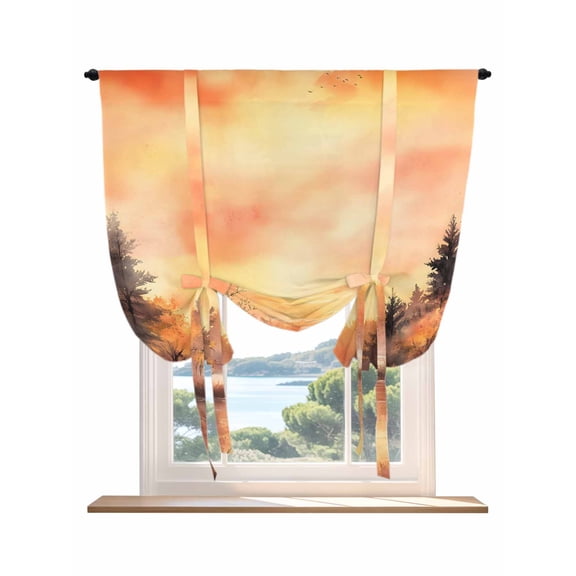 Orange Forest Tie Up Curtains for Windows 63 Inch Length Balloon Curtains Kitchen Adjustable Balloon Window Shade Idyllic Watercolor Sunset Nature Scenery Tie Up Bathroom Curtain Window 46"x63"