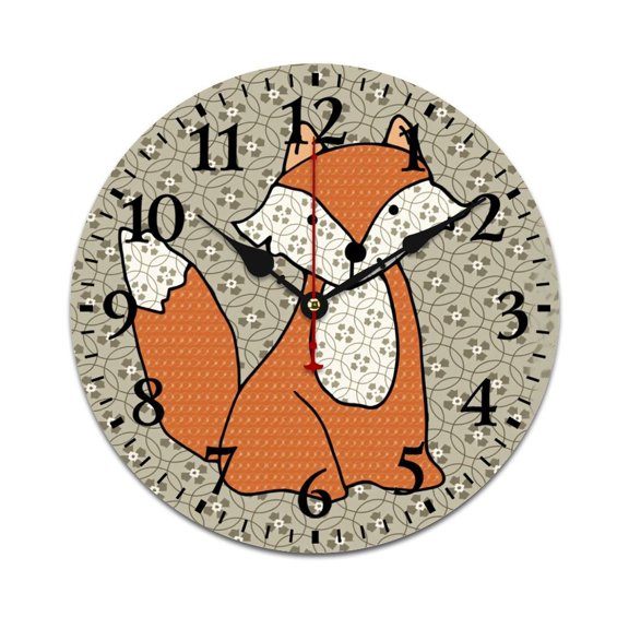 Orange Fox Fabric Pattern Round Wall Clock, 1212 In, Cute Decor For Kids Bedroom