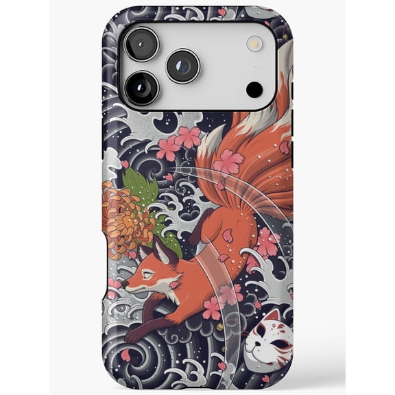 Orange Fox, Fox Mask, Waves and Pink Flowers Tough Cell Phone Case for Apple iPhone, Polycarbonate and TPU