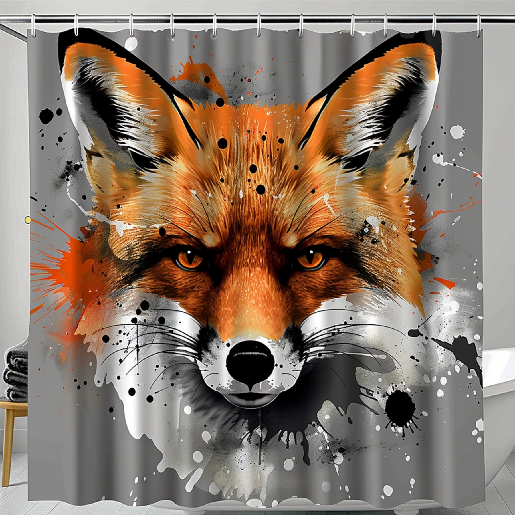 Orange Fox Head Shower Curtain with Grey Background White and Black ...