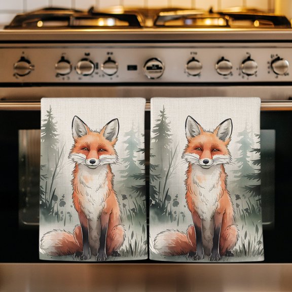 Orange Fox Kitchen Towels Set of 1, Woodland Pine Trees Misty Forest Retro Beige Absorbent Dish Towels for Kitchen, Microfiber Hand Towel, Quick Drying Tea Towel for Cleaning Decorative Dishcloths
