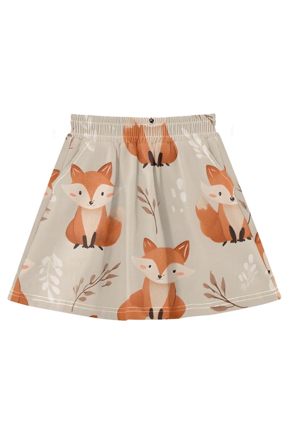Orange Fox Pattern Cotton Skirt Built-in Liner Elastic A-Line Flared Skirt with Pockets