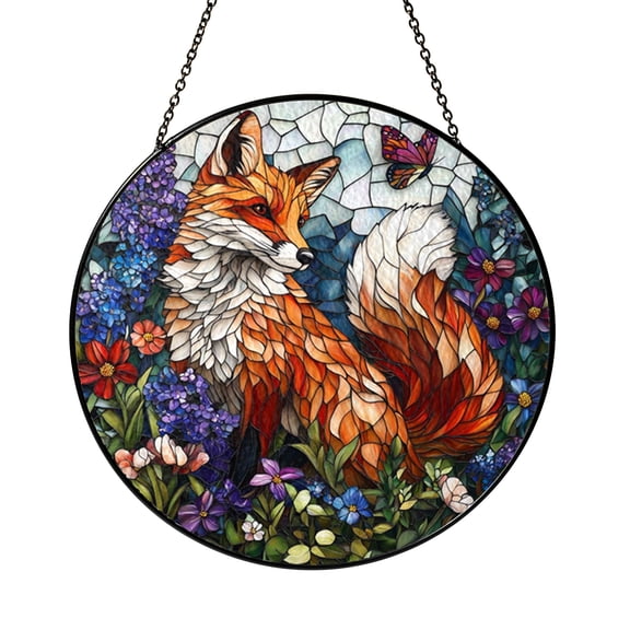 Orange Fox Stained Glass Suncatcher for Window Decor, Forest Wildlife Hanging Art, Warm Light Catcher Accent