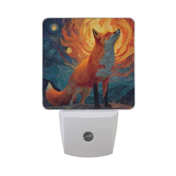 Orange Fox Staring at Flaming Sky LED Night Light Sensor Lamp Plug-in Adjustable Brightness 2 Pack