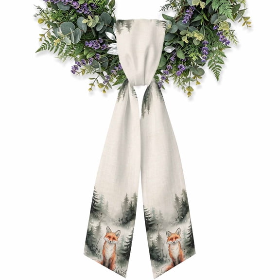 Orange Fox Wreath Sash for Front Door, Woodland Pine Trees Misty Forest Retro Beige Wreath Bow Holiday Garland Ribbon Wreath Accessories for Home Yard Porch Doorway Fall Christmas Decorations Gifts