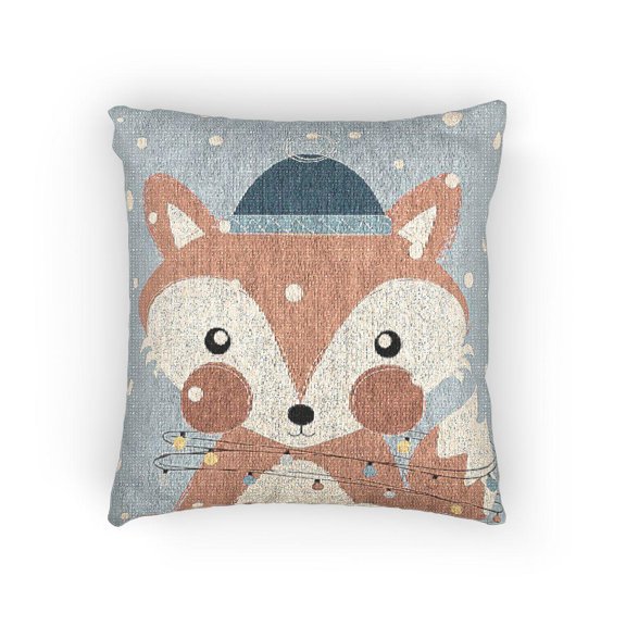 Orange Fox in Blue Winter Hat with String Lights on Gray Decorative Woven Pillow, Cotton-Polyester Shell