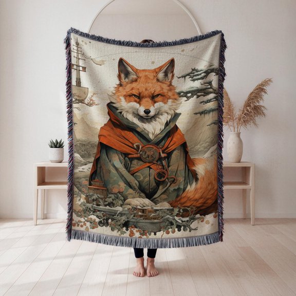 Orange Fox in Cloak and Snowy Pine Landscape Woven Blanket, 100% Cotton, Rustic Fantasy Decor