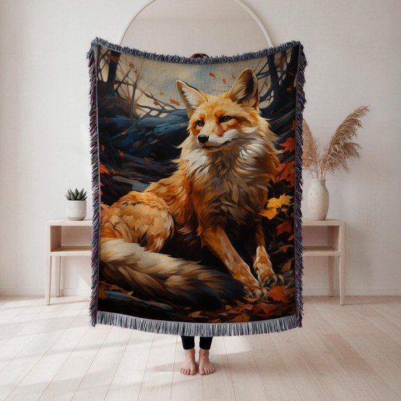 Orange Fox in Dark Autumn Forest Woven Blanket, 100% Cotton, Woodland Style for Living Room or Bedroom