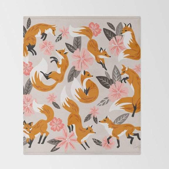 Orange Foxes with Pink Flowers and Gray Leaves Polyester Fleece Blanket, 280 GSM, Woodland Style for Couch and Bed