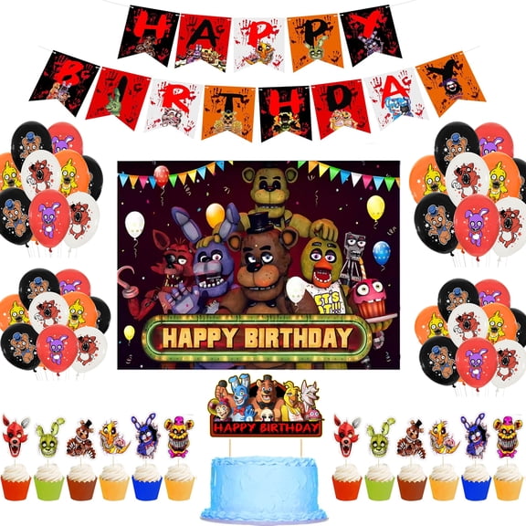 Orange Freddy Birthday Party Supplies Set with Birthday Banner, Balloons, Cake Cupcake Toppers, Freddy background