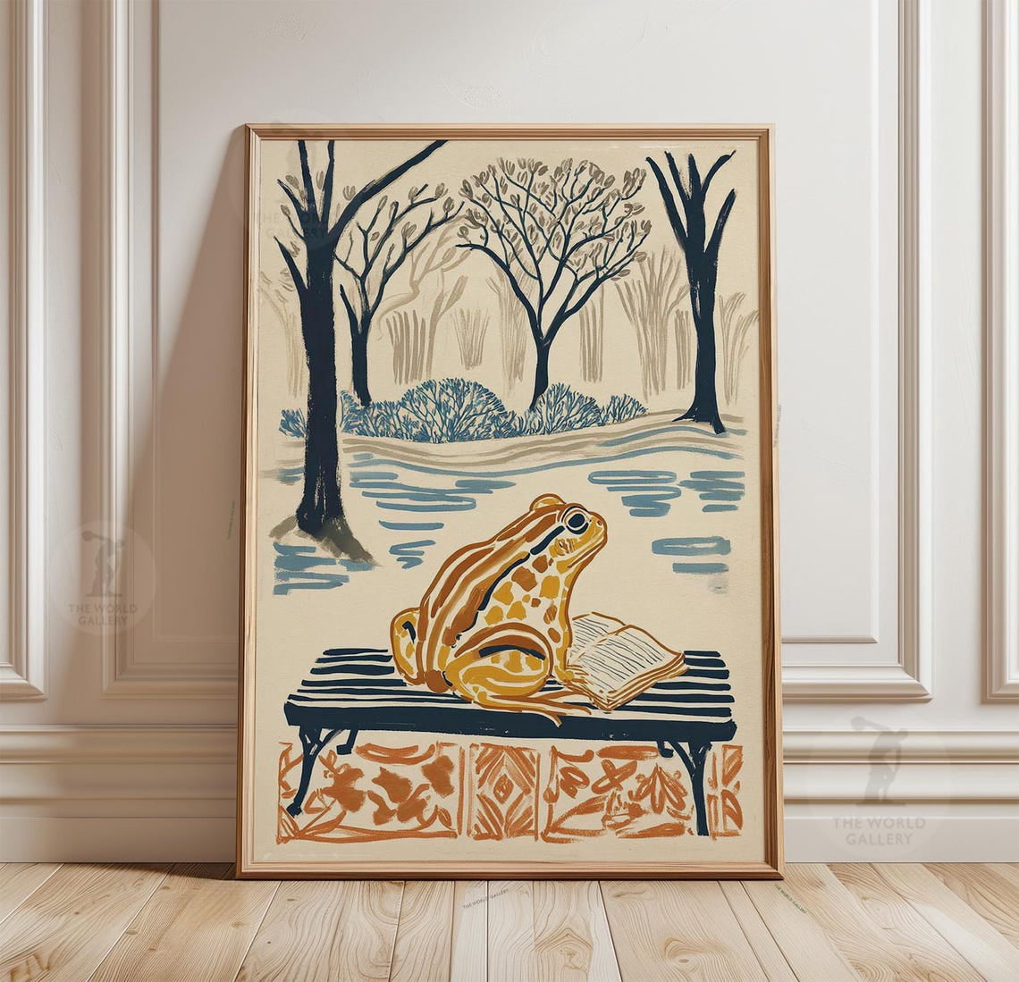 Orange Frog Bench Poster Nature Sketch Linocut Style Art Wall Decor ...