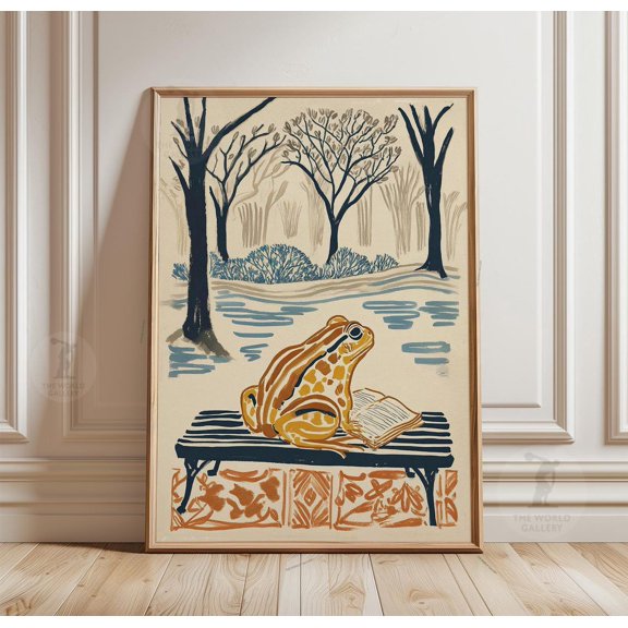 Orange Frog Bench Poster Nature Sketch Linocut Style Art Wall Decor, Unframed Poster
