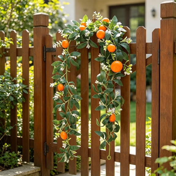 Orange Fruit Garland, 67.7 Inch Artificial Citrus with White Blossoms and Green Leaves, Faux Orange Vine for Dining Table Centerpiece Kitchen Wall Fireplace Decor