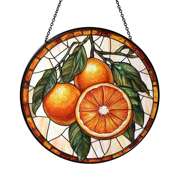 Orange Fruit with Green Leaves Stained Glass Suncatcher, Kitchen Window Hanging Decor, Botanical Art Glass Panel Accent, Fresh Home Decoration, Unique Gift Idea