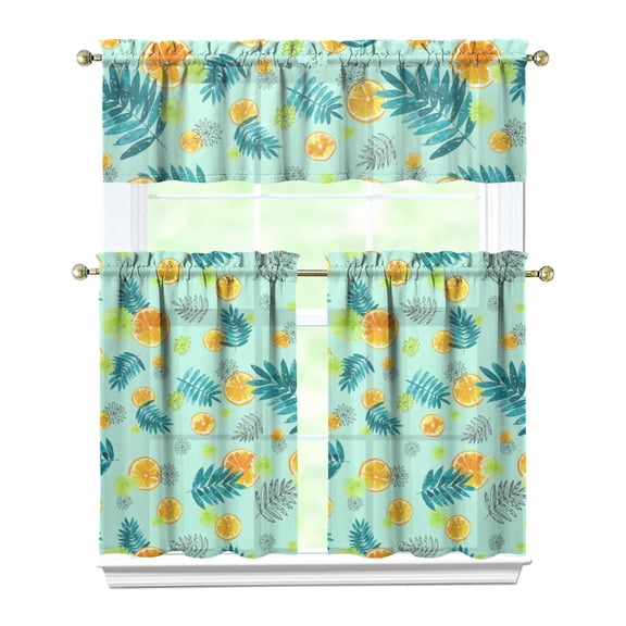 Orange Fruit Kitchen Curtains Set Tier and Valance, Cute Kawaii Summer Sweet Orange Print Design with Juice Illustration, Fresh Aesthetic Window Drapes for Orange Lover Kitchen Decor
