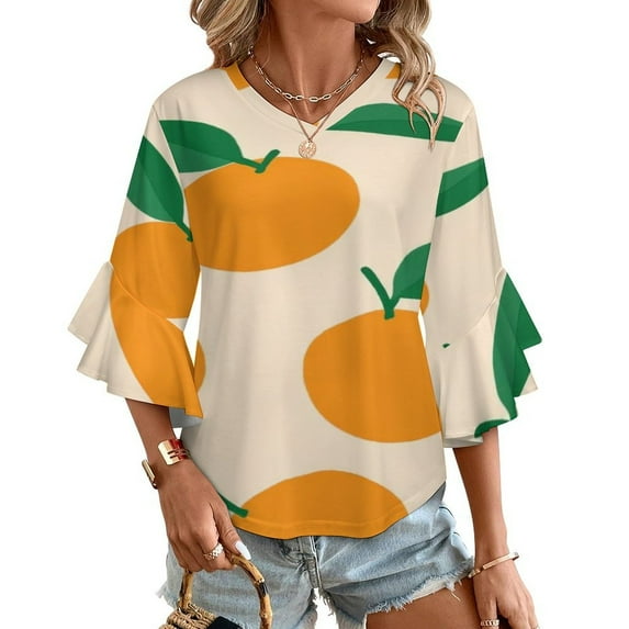 Orange Fruit Pattern Simple Design Women's V-Neck Blouse With 3/4 Ruffled Bell Sleeves Casual Top Ladies Blouses