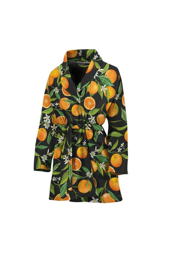Orange Fruit Pattern Women Bathrobe One Size Univeral Fits, Fruits Fashion Lightweight Plush Fleece Long Robe For Women