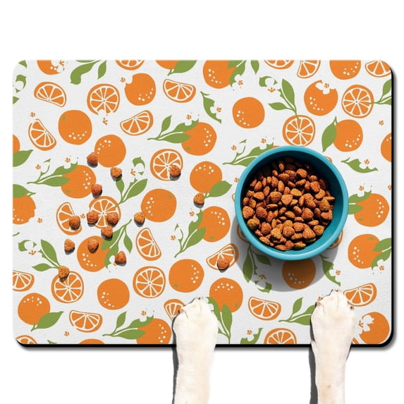 Orange Fruit Print Dog Feeding Mat - Non-Slip Waterproof Pet Food Mat with Cute Kawaii Design, Absorbent 4-Layer Mat for Messy Eaters, Easy Clean Large Placemat (Orange Pattern)