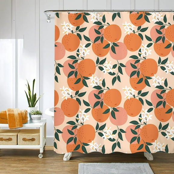 Orange Fruit Shower Curtain Set 72Wx72H Inches Cute Citrus Green Leaves Fresh Polyester Waterproof Cloth Bathroom Curtain with 12 Hooks