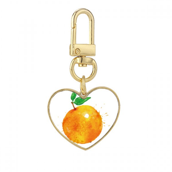 Orange Fruit Watercolor Illustration Pattern Gold Heart Keychain Metal Keyring Holder