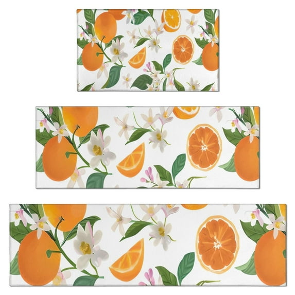Orange Fruits Flowers White Pattern Kitchen Rugs Sets Of 3,Kitchen Runner Rugs Non Skid Washable,Decorative Kitchen Floor Mats for Kitchen,Sink,Laundry,17"x30"+ 17"x47" + 17"x59"