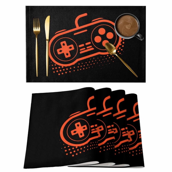 Orange Game Controller Placemats Set of 6, Modern Art Gaming Handheld Black Placemats for Dining Table, Place Mats for Kitchen Tabletop, Waterproof Wipeable Dining Table Mats Set