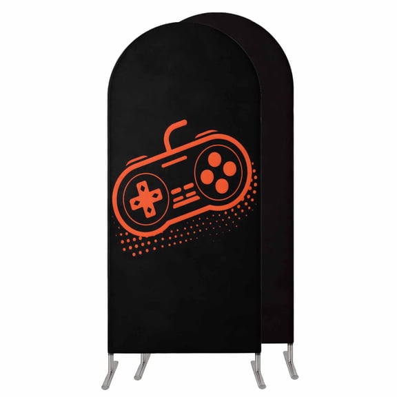 Orange Game Controller Wedding Arch Cover,Stretchy Spandex Arch Backdrop Stand Covers 5 FT,Modern Art Gaming Handheld Black Round Top Arched Backdrop Cover for Birthday Party Ceremony Baby Shower