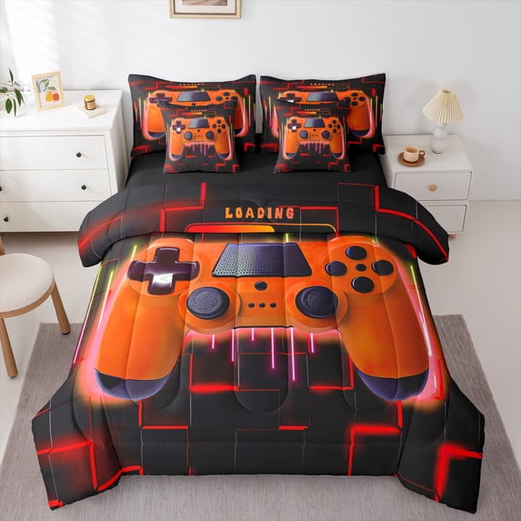Orange Gaming Comforter Set 7 Piece Bed in a Bag Twin,Gamer Bedding Sets Neon Lights Abstract Geometry Sheet Set with Comforter Gamer Room Decor