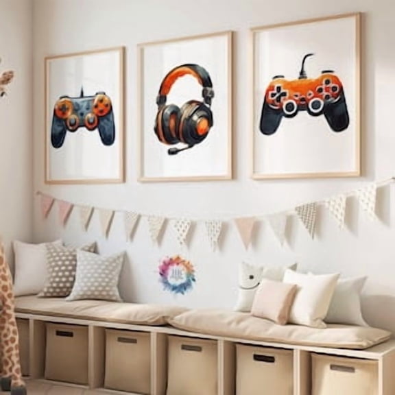 Orange Gaming Poster Prints - Set of 3 Gamer Artwork, Boys Bedroom Decor, Gift Posters, Gaming Room Decor, Kid Video Game Wall Art Print, Poster Only