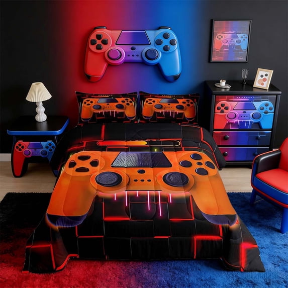 Orange Gaming Queen Comforter Set - Gamer Comforter Queen Size Bedding Set, Neon Lights Abstract Geometry Design Gamer Room Decor
