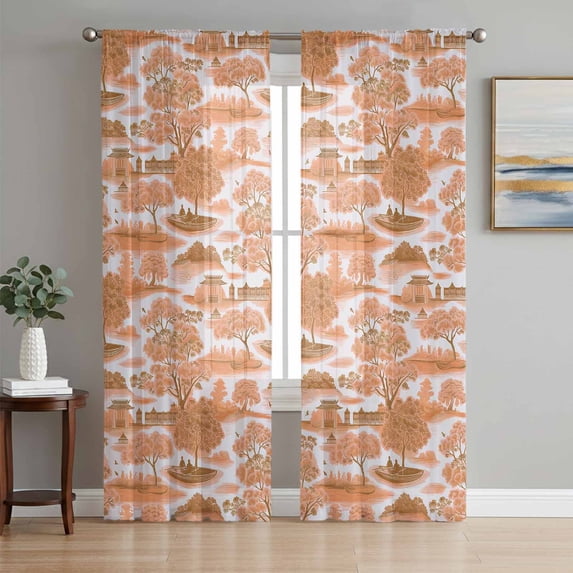 Orange Garden Sheer Curtains 72 Inch Length 2 Panels Set, Modern Art Building Trees Boat Landscape Voile Window Treatment Rod Pocket Curtains Sheers Drapes for Bedroom/Living Room/Kitchen 52"x72"x2