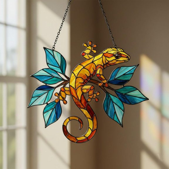 Orange Gecko Acrylic Suncatcher Lizard on Leaves Window Hanging Tropical Reptile Summer Nature Lovers Gift Home Decor