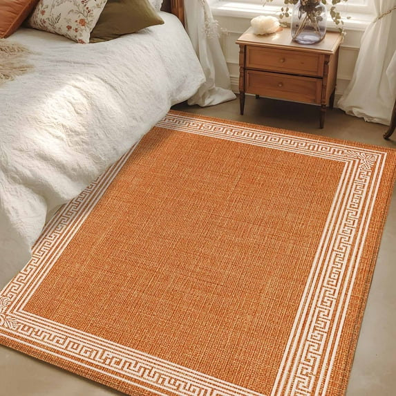 Orange Geometric 2.7x5 Area Rugs, White Greek Key Design Burlap Modern Art Non-Skid Rubber Backing Large Rectangle Rugs - Living Room Bedroom Home Office, Indoor Floor Mat Carpets Washable Rug
