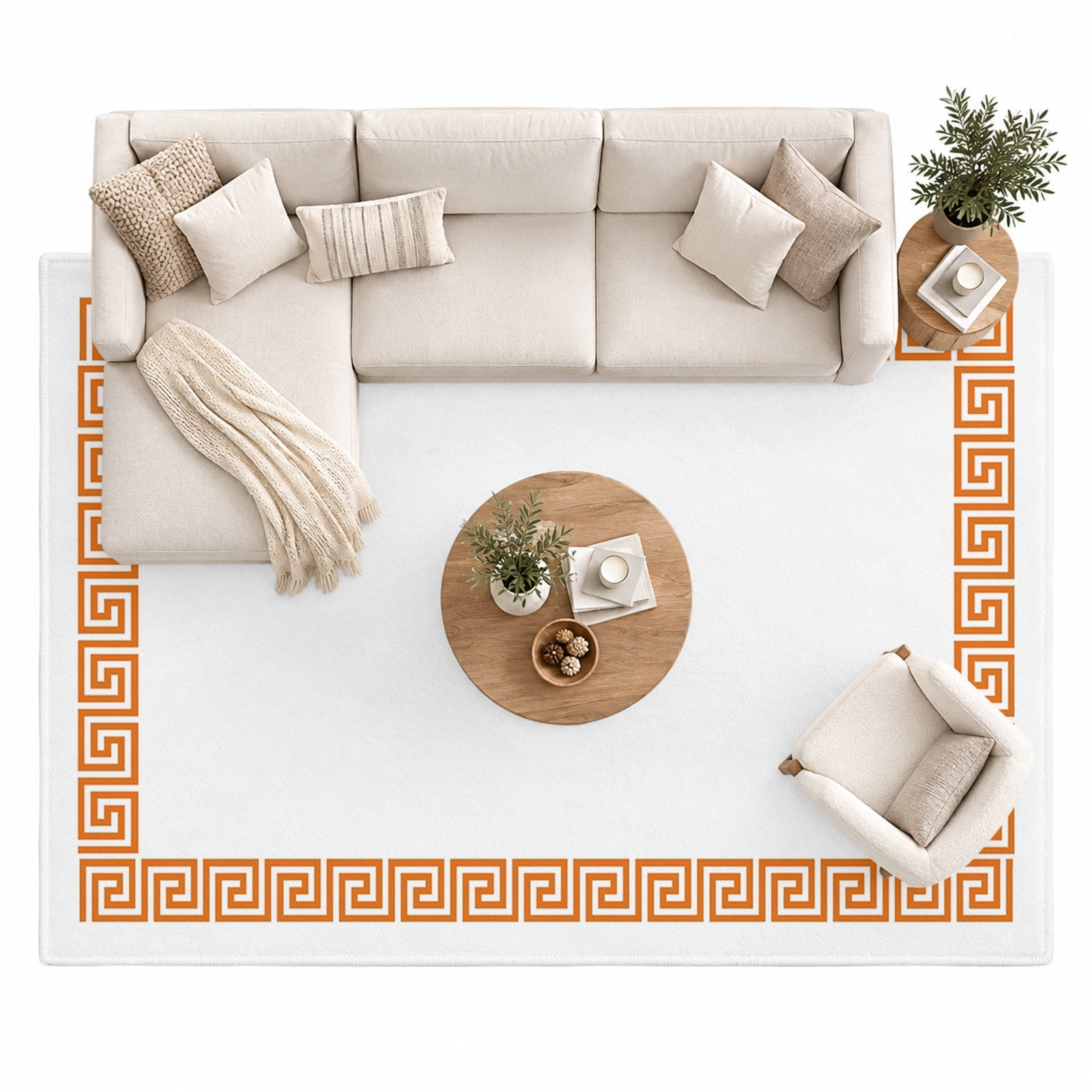 Orange Geometric Area Rug 8'x10', Greek Pattern Large Area Rugs Non ...