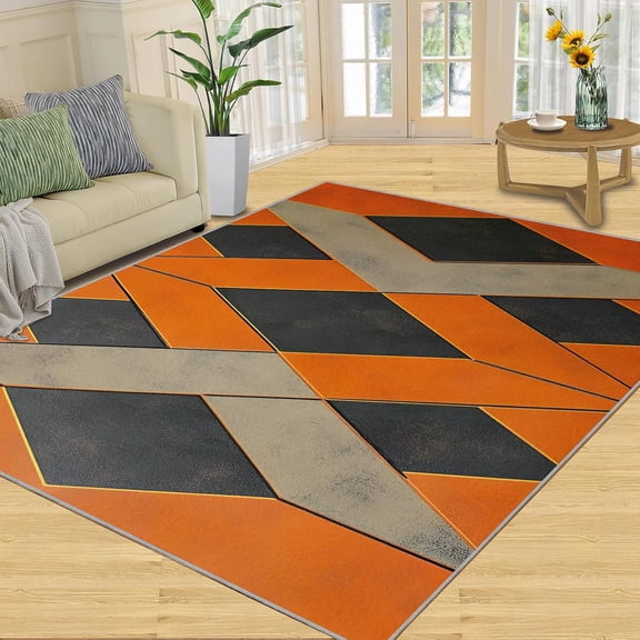 Orange Geometric Area Rug, Modern Abstract Washable Rug, Non Slip Low Pile Carpet for Living Room Bedroom Home Decor 2x3ft
