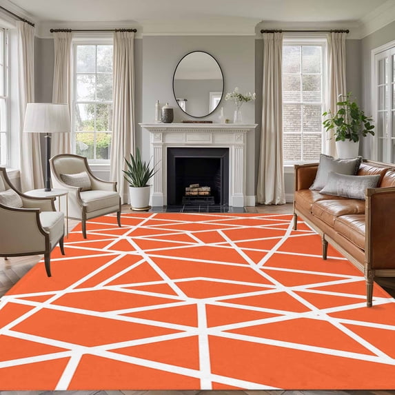 Orange Geometric Area Rugs 5'x7', Washable Small Throw Rugs for Laundry Room Playroom, Abstract Stripes Modern Simple Indoor Outdoor Rug Non-Slip Low Pile Carpet Runner Reversible Floor Mats