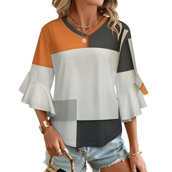 Orange Geometric Art, Black And White Orange Women's V-Neck Blouse With 3/4 Ruffled Bell Sleeves Casual Top Ladies Blouses