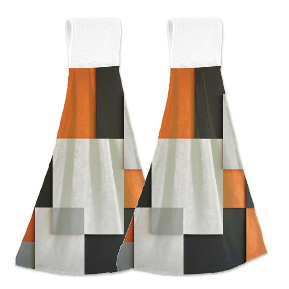 Orange Geometric Art, Black and White Orange Hanging Kitchen Hand Towels Sets with Loop Hand Towels Kitchen Tie Towel 2pcs