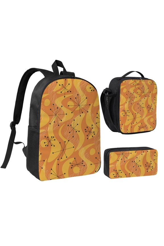 Orange Geometric Atomic Modern Midcentury 17-inch Laptop Backpack 3-Piece Set with Insulated Lunch Bag and Accessory Pouch, Rucksack for Teens Adults