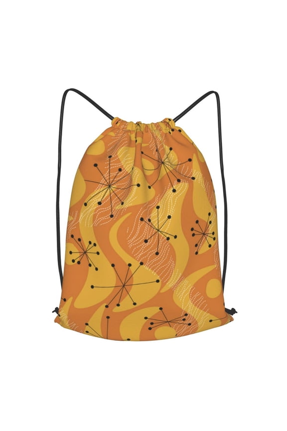 Orange Geometric Atomic Modern Midcentury Drawstring Backpack Gym String Bag Sports Sackpack Cinch Sack, Large