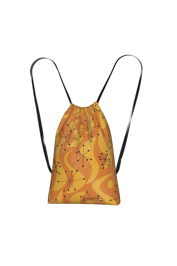 Orange Geometric Atomic Modern Midcentury Packable Drawstring Backpack, Lightweight Foldable Cinch Storage Bag for Gym Travel Shopping