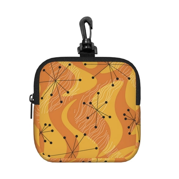 Orange Geometric Atomic Modern Midcentury Square Gear Pouch with Lobster Clasp Waterproof Tech Accessory Organizer, Key & Coin Case